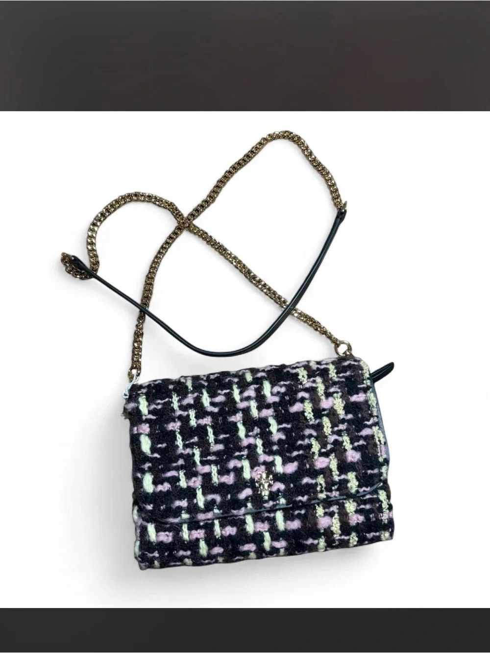 Tory Burch Tweed Flap Shoulder Bag in Pink, Black & Yellow-Green